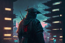 Futuristic Samurai Potrait Standing In Cyberpunk  Science Fiction City At Night, Rain Falling, Neon Lights,  Concept Art Digital, Illustration 