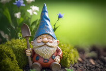 A Cute And Expressive Garden Gnome Surrounded By Vegetation. Photorealistic Illustration.