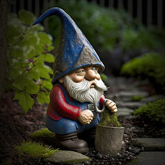 Wall Mural - A cute and expressive garden gnome surrounded by vegetation. Photorealistic illustration.