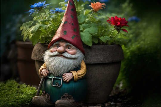 A cute and expressive garden gnome surrounded by vegetation. Photorealistic illustration.