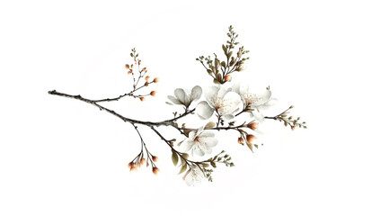 Blooming cherry tree branch on white background. Spring blossom illustration. White flowers blossom on a cherry tree branch on white background.