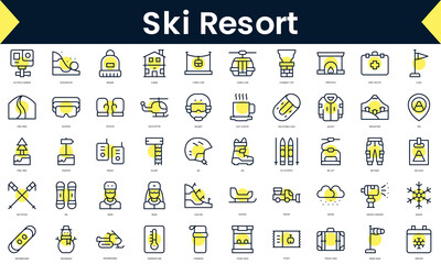 Wall Mural - Set of thin line ski resort Icons. Line art icon with Yellow shadow. Vector illustration