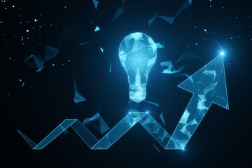 Wall Mural - Abstract glowing polygonal light bulb and arrow on dark background. Idea and breakthough concept. 3D Rendering.