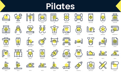 Wall Mural - Set of thin line pilates Icons. Line art icon with Yellow shadow. Vector illustration