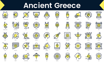 Set of thin line ancient greece Icons. Line art icon with Yellow shadow. Vector illustration