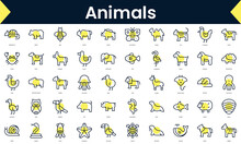 Set Of Thin Line Animals Icons. Line Art Icon With Yellow Shadow. Vector Illustration