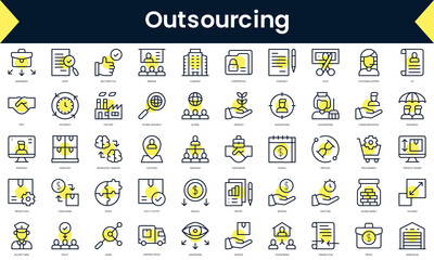 Wall Mural - Set of thin line outsourcing Icons. Line art icon with Yellow shadow. Vector illustration