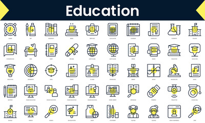 Wall Mural - Set of thin line education Icons. Line art icon with Yellow shadow. Vector illustration