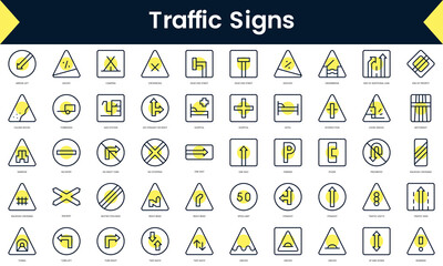 Wall Mural - Set of thin line traffic signs Icons. Line art icon with Yellow shadow. Vector illustration