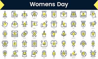 Set of thin line womens day Icons. Line art icon with Yellow shadow. Vector illustration