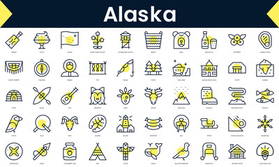 Set of thin line alaska Icons. Line art icon with Yellow shadow. Vector illustration