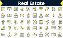 Set Of Thin Line Real Estate Icons. Line Art Icon With Yellow Shadow. Vector Illustration