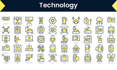 Wall Mural - Set of thin line technology Icons. Line art icon with Yellow shadow. Vector illustration