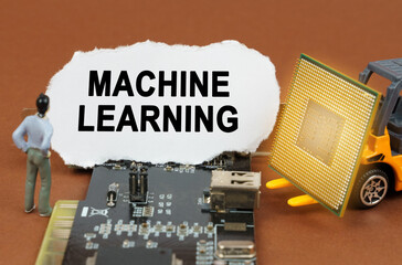 Poster - On the board with microcircuits lies a paper plate with the inscription - Machine Learning