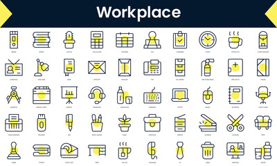 Wall Mural - Set of thin line workplace Icons. Line art icon with Yellow shadow. Vector illustration