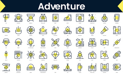 Wall Mural - Set of thin line adventure Icons. Line art icon with Yellow shadow. Vector illustration