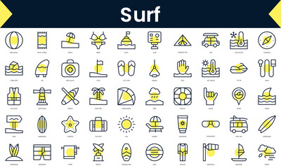 Wall Mural - Set of thin line surf Icons. Line art icon with Yellow shadow. Vector illustration