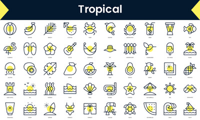 Wall Mural - Set of thin line tropical Icons. Line art icon with Yellow shadow. Vector illustration