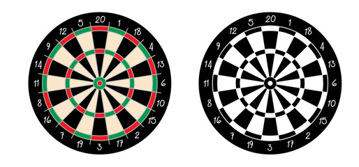 Cartoon dart board symbol. Dartboard icon. color and twenty, black, green or white game board and darts game. goal target competition sign. Sports equipment and arrows. Throw single, double or triple