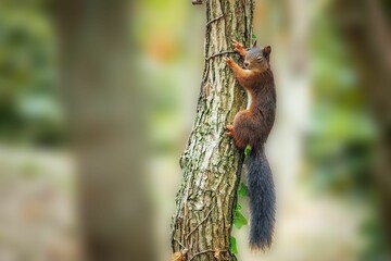 Wall Mural - Beautiful closeup of a squirrel climbing up on a tree on a blurry background