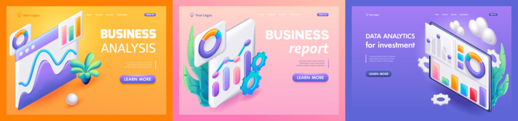 Aufkleber - Kit Trending Landing Pages, 3D Isometric, cartoon. Concept of business analysis, Data analytics, Business Report. Vector illustration