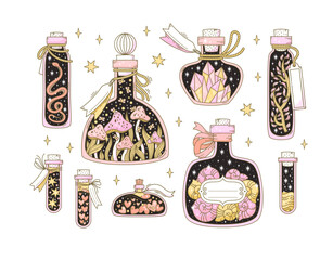 Set of hand drawn bottles with magic potion in fantasy style on white background. Doodle vector illustration of vials, jars, flasks with scary occult objects like mushrooms, shells, snake, crystals.