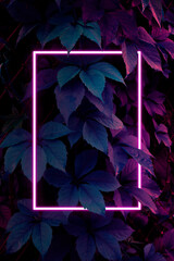 creative fluorescent color layout. neon light flat square frame on leaves background in dark colors,
