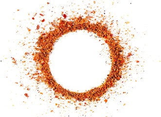 Seasoning preparation, mild hot powder mixture with spices and tomatoes, (black pepper, garlic, cane sugar, granulated tomatoes, cayenne pepper, sea salt) isolated on white, top view 