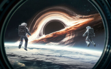 Wall Mural - 3D illustration of astronaut looks in giant black hole at Earth orbit. 5K realistic science fiction art. Elements of image provided by Nasa