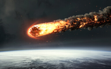 Wall Mural - 3d illustration of a flaming asteroid crashes into the earth. 5k realistic science fiction art. elem