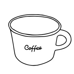 Wall Mural - Black and white hand drawing outline vector illustration of a cup for hot coffee with lettering Coffee isolated on a white background