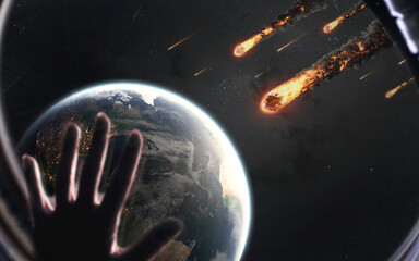 Wall Mural - 3d illustration of astronauts watch meteorites falling to the ground. space disaster. 5k realistic s