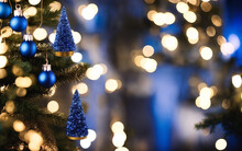 Christmas Tree With Lights And Decoration, Defocused Background, Generative AI