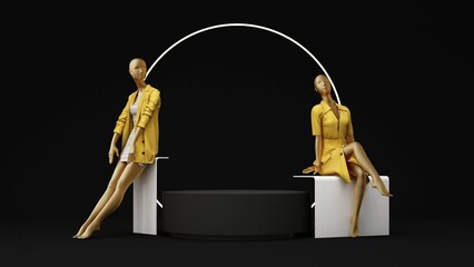 Wall Mural - Statue of model mannequin in gold for showcasing fashion formal clothes in an abstract concept. on stone pallet geometric product stand. with promotion sale. 3d rendering animation looped