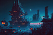 Digital Paint Of A Futuristic City In A Cyberpunk Style. Digital Paint