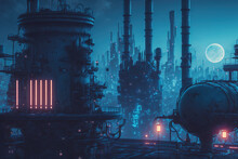 Digital Paint Of A Futuristic City In A Cyberpunk Style. 