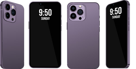 purple vector pro smartphone mobile perspective . all sides phone 3d realistic illustration mockup. 