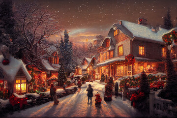 WInter village street, illustration 