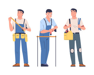 Wall Mural - Man Electrician in Uniform with Wire, Drill and Tape Vector Set