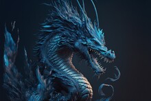 Epic Blue Dragon Character Portrait Isolated On Dark Background