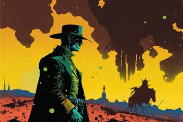 Wall Mural - The gunfighter and the alien. Epic western style character design poster background.