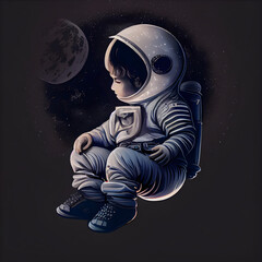 a young astronaut child sitting in deep thought, contemplating their next mission into outer space.