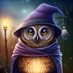 Adorable illustration features a cute owl with its big eyes looking straight ahead.