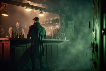 Interior of a dark alley dive bar with man ordering drink from bartender