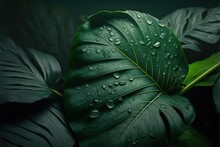 Foliage Of Tropical Leaf In Dark Green With Rain Water Drop On Texture, Abstract Pattern Nature Background