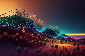 dots on 3d wave landscape. connection through technology background concept. digital world, virtual 