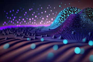 Dots on 3D wave landscape. Connection through technology background concept. Digital world, virtual reality, cyberspace, metaverse concept. Data science and digital particles.