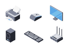 3d Printer, Monitor, Keyboard, Router, Computer Mouse, Music Speaker. Set Of Isometric Icons Of Devices, Gadget. Collection Of Office Digital Technology Items. Vector Illustration In Isometric Style