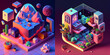 Isometric fantasy world, surrealistic illustration, abstract colorful background, modern art style, surreal art, great composition and coloring, character, ai art, collection, world map in the box