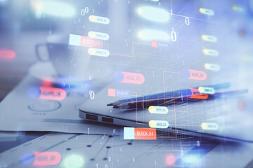 Aufkleber - Double exposure of table with computer on background and data theme hologram. Data technology concept.
